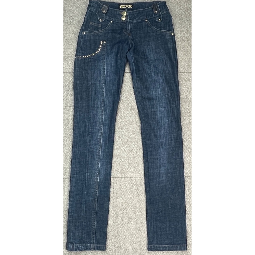 Sassofono Women's Y2K Bedazzled & Leather Trim 5 Pocket Denim Jeans Size 28